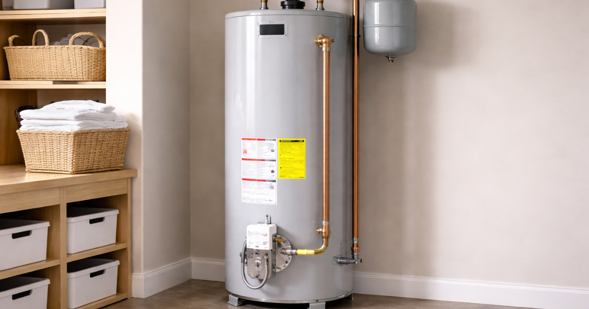traditional water heater in home laundry room
