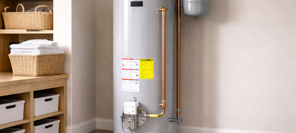 traditional water heater in home laundry room